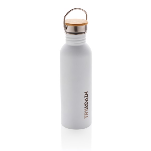 Modern stainless steel bottle with bamboo lid - White