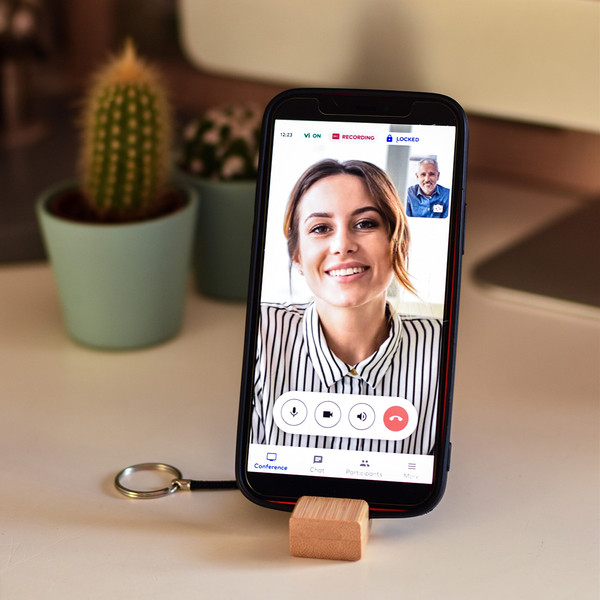 Bamboo keyring with phone stand.