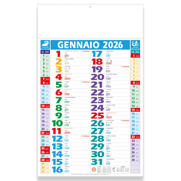 Calendario 2026 Da Muro Mensile Multicolore, 12 Fogli, Su Carta Patinata, Termosaldato