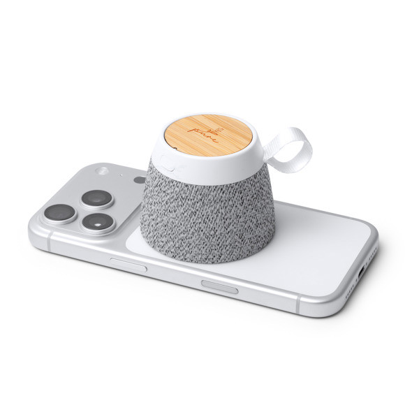 Altavoz inalámbrico personalizado de bambú y RPET 5W con anillo magnético soporte smartphone