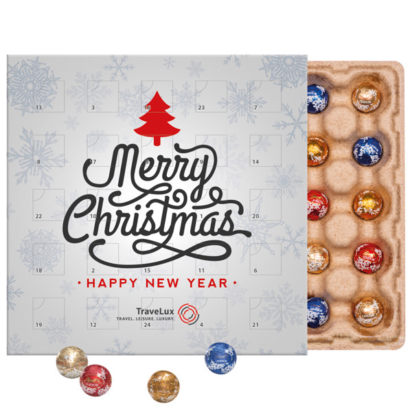 Minikugel Adventskalender, LINDOR Lindt Mini Kugeln | Vollkartonhülle weiß, Inlay: kompostierbar gemäß EN 13432