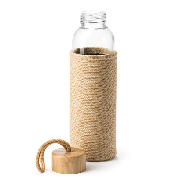 Personalised glass bottle 500 ml with jute sleeve and bamboo lid