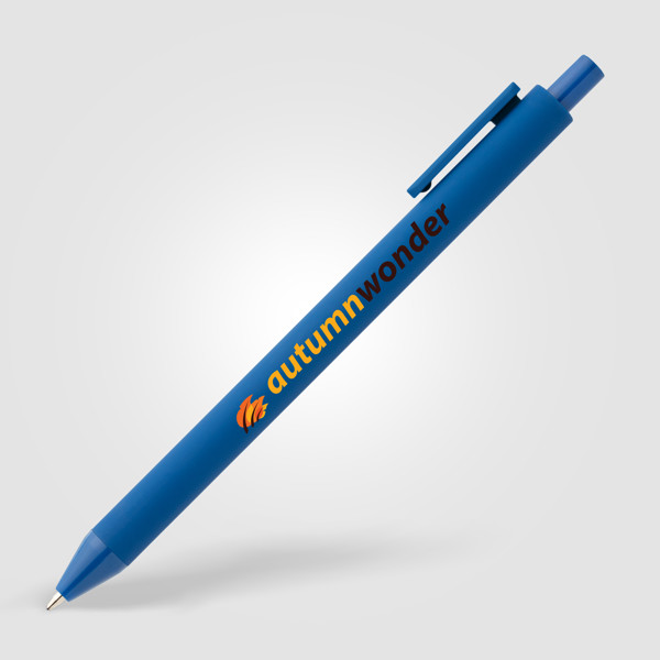 Stylo Bloom en plastique recyclé avec corps soft-touch et mécanisme rétractable - Bleu roi / Jet d’encre 4 couleurs