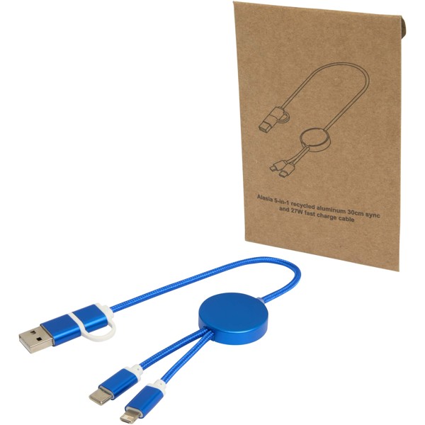 Câble 5 en 1 Alasia en aluminium et plastique recyclés de 30 cm pour la synchronisation des données et la charge rapide de 27 - Bleu royal