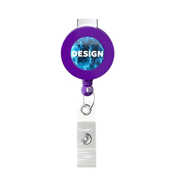 Retractable badge reel in round shape with ⌀2cm logo - Vivid Purple / Bull Dog Clip