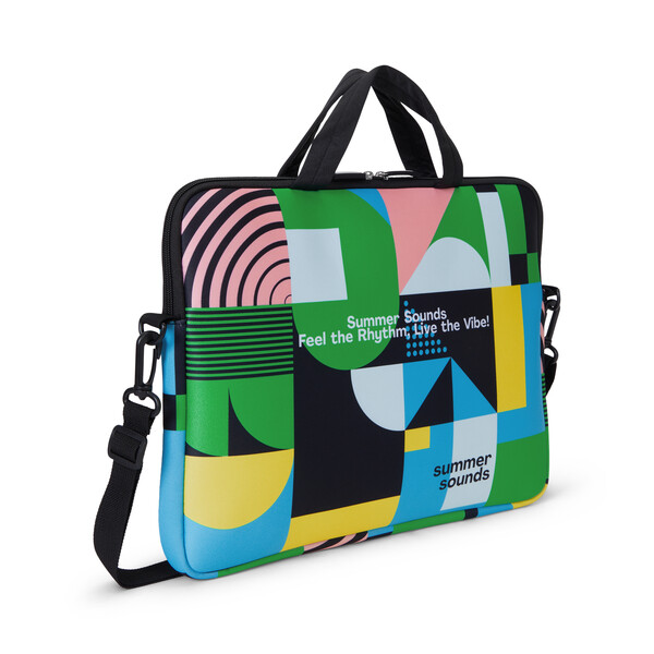 Sublimated neoprene laptop sleeve with zipper and front pocket - 42x31cm / Black shoulderstrap