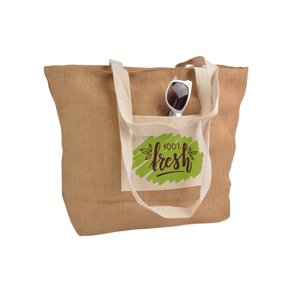 Jute Shopping Bag With Bottom Gusset  In Natural Cotton, Zip Closure