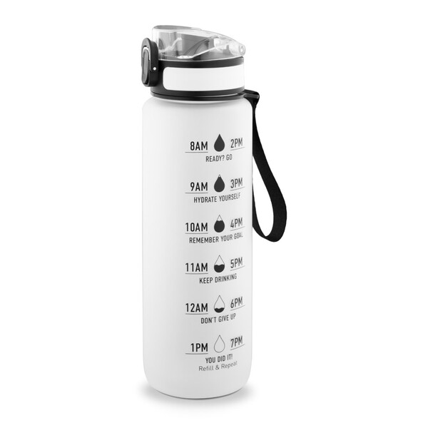 ERIKSSON. Garrafa em PET reciclado (100% rPET), com frases motivacionais e horas indicadas para o incentivar a beber água - Branco