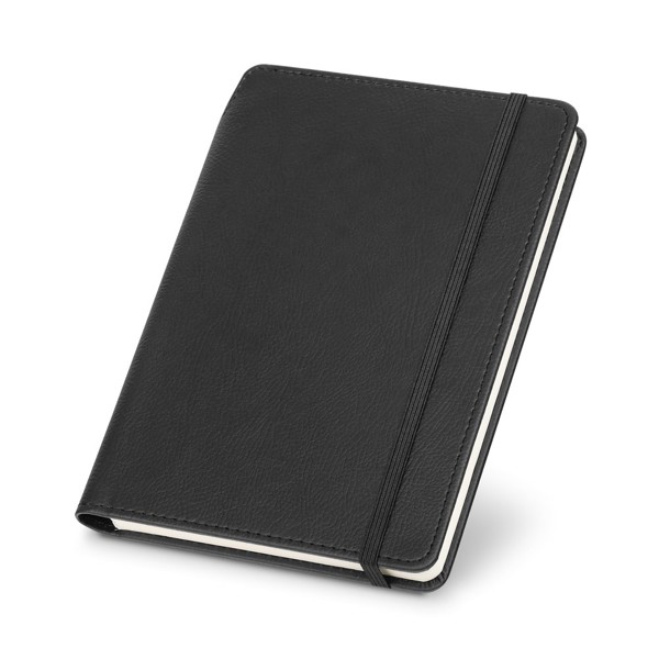 MORIAH. Bloco de notas A5 em PU com folhas pautadas, feitas de material certificado FSC™ e outros materiais controlados - Preto