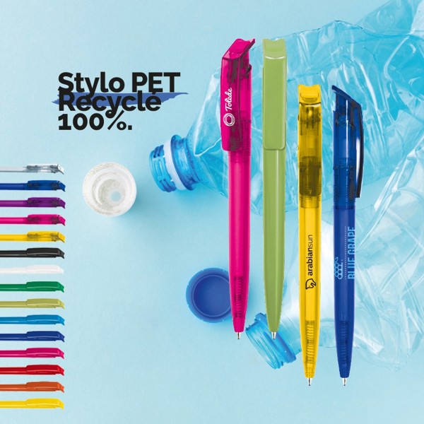 STYLO BILLE BLEUE CORPS ET CLIP PLASTIQUE EN MATIERE RECYCLEE rPET - Blanc opaque