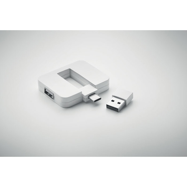 Square-C USB zvezdišče s 4 vrati, Type-A, Type-C - Bela