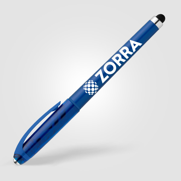 Stylo Prism en plastique recyclé avec stylet, boule anti-stress et encre gel - Bleu roi / Sérigraphie
