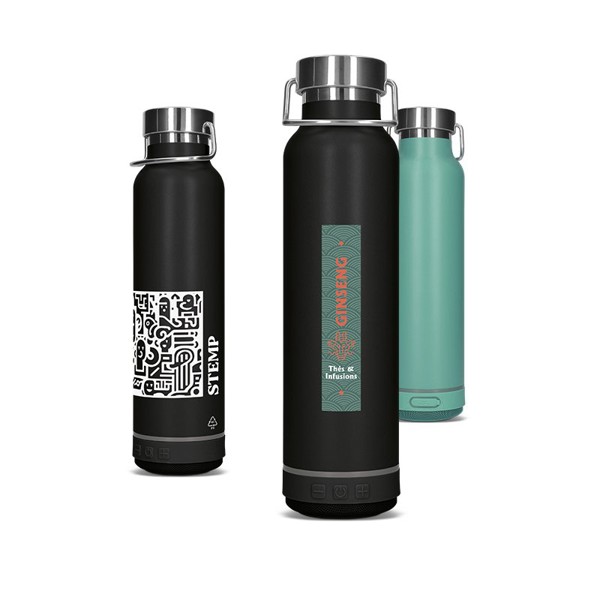 HAUT-PARLEUR ENCEINTE ET BOUTEILLE GOURDE ISOTHERME INOX 60 cl - Blanc