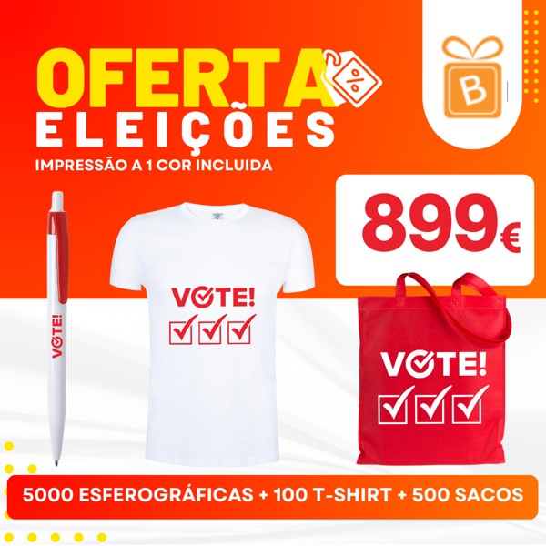 5000 Esferográficas + 100 T-shirt + 500 Sacos com impressão a 1 cor