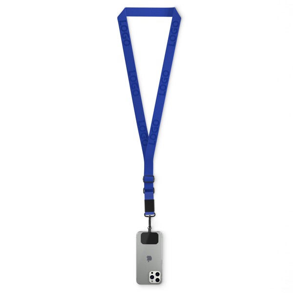Suporte para telemóvel em forma de cruz feito de fita tecida com placa de metal gravada com o seu logótipo. Disponível em quantidades de 100 ou mais - Dark Azure Blue