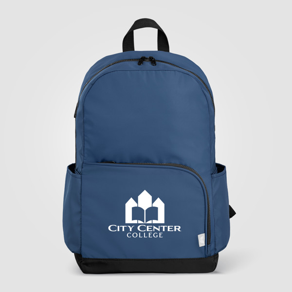 Sac à dos Kora, double poche, fermeture éclair dorée, rPET, 38 cm - 20 L - Bleu marine / Sérigraphie