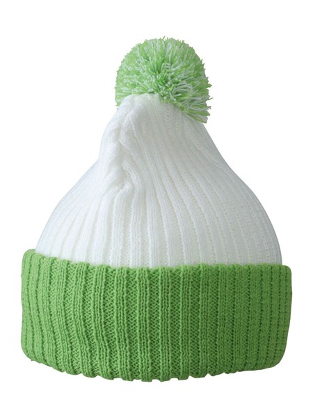 Knitted Cap with Pompon - White / Lime Green