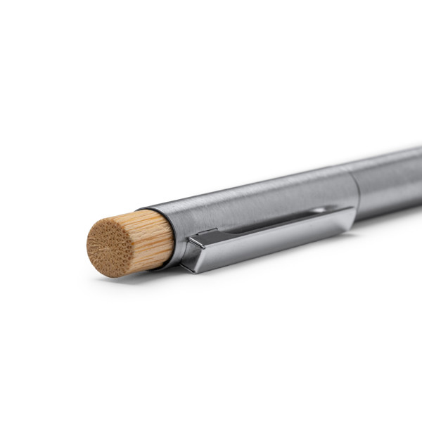 Personalised recycled stainless steel pen with bamboo push button
