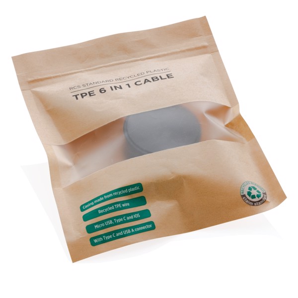 Nabíjecí kabel 6 v 1 z RCS recyklovaného plastu a TPE - Černá