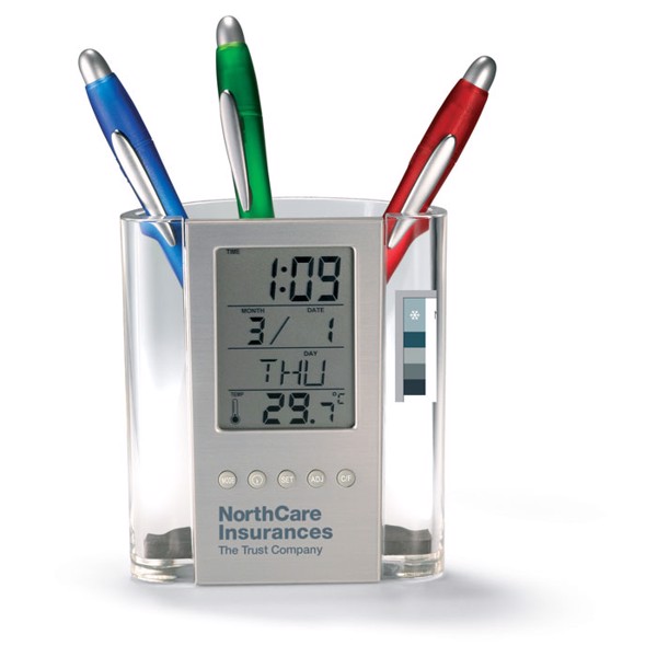 Prodigy pen holder, alarm clock, thermometer