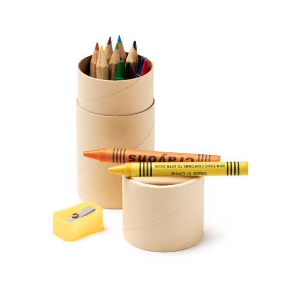 Personalised wax crayon and pencil set with sharpener in cylindrical case