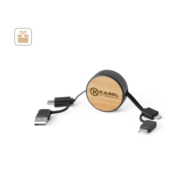 RUBINS. 6-u-1 USB kabel na uvlačenje od recikliranog ABS-a (100% rABS) i bambusa - Bijela