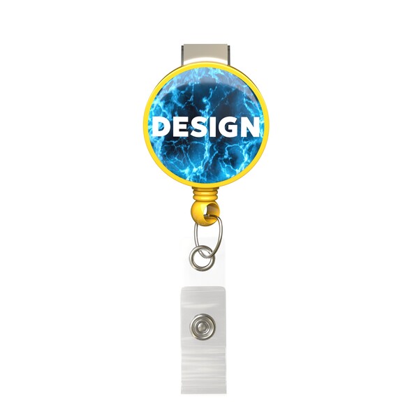 Bobina per badge retrattile di forma rotonda con logo ⌀2,8cm - Colore pieno / Giallo girasole / Fermaglio