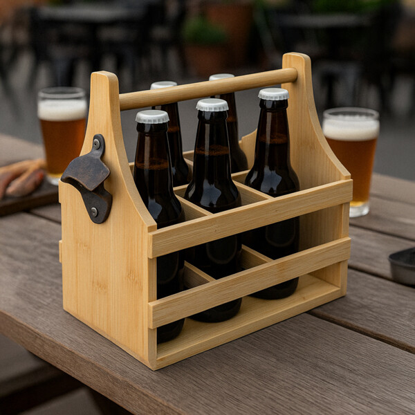 Personalised bamboo bottle holder for 6 bottles with built-in opener
