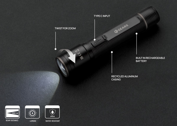 Gear X RCS recycled aluminum USB-rechargeable torch