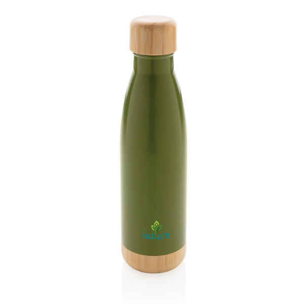 Vacuum stainless steel bottle with bamboo lid and bottom - Green