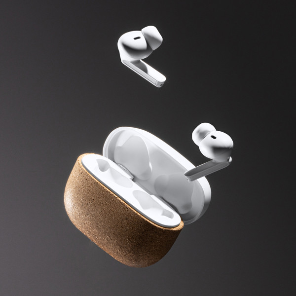 Wireless earbuds personalised in recycled ABS and cork with charging case