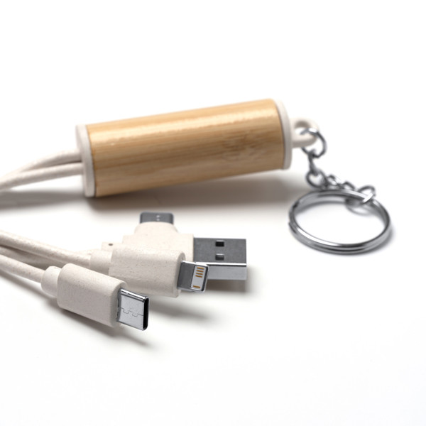 Personalised 4-in-1 charging cable in bamboo and wheat fibre with key ring loop