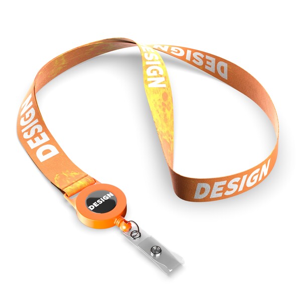 lanyard a bobina per badge in poliestere sublimato - Colore pieno / Arancia / 15mm Larghezza