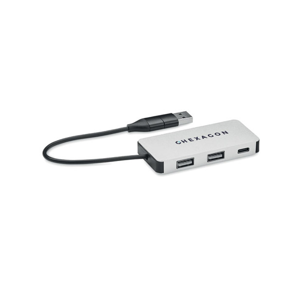 Hub-C USB zvezdišče 3 vrata, recikliran aluminij, 20 cm kabel - Silver