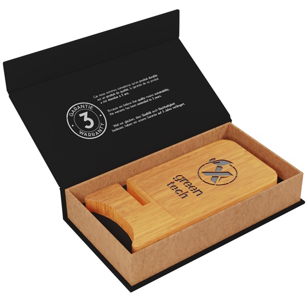 Socle de téléphone SCX.design W26 pour chargement à induction, en bambou, de 10 W avec logo lumineux