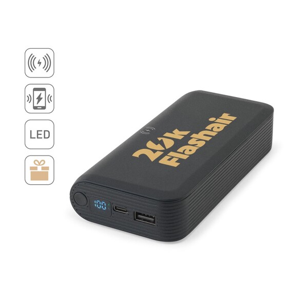 BECKER 20. Power bank kapaciteta 20'000 mAh izrađen od recikliranog ABS-a (100 % rABS) s 15W superbrzim bežičnim punjačem