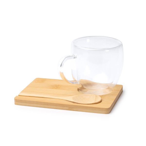 Personalized double-wall borosilicate glass mug set 250 ml with bamboo coaster and spoon