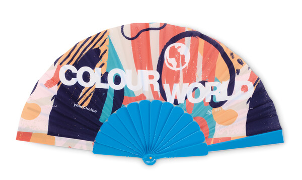 Full colour plastic hand fan - Brilliant Blue