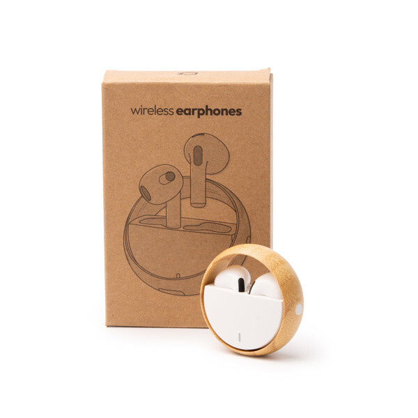 Personalized wireless earphones with recycled material case and bamboo ring