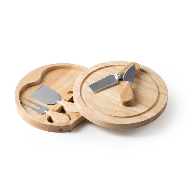 Set de quesos personalizado con utensilios de acero inoxidable y tabla de madera
