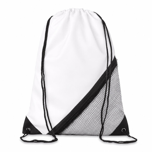 Full colour polyester drawstring bag with zipper and mesh pocket - Full colour