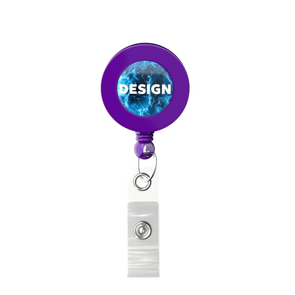 Retractable badge reel in round shape with ⌀2cm logo - Vivid Purple / Belt Clip