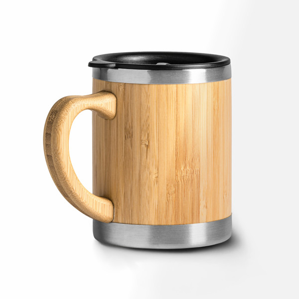 Personalised thermal mug in stainless steel and bamboo 340 ml with dosing lid