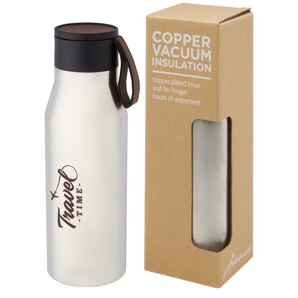 Garrafa de 500 ml de cobre isolada a vácuo em aço inoxidável com correia e tampa de couro PU "Ljungan" - Prateado