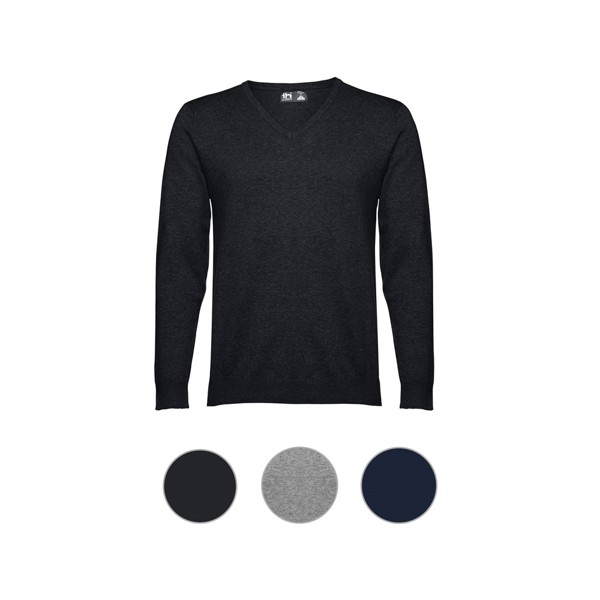 THC MILAN. Men's V-neck pullover in cotton and polyamide - Navy Blue / S