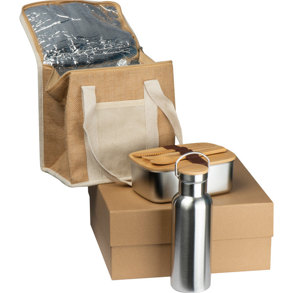 Gift set with drinking bottle, lunch box and jute cooler bag BRIGITTE - Multicolored