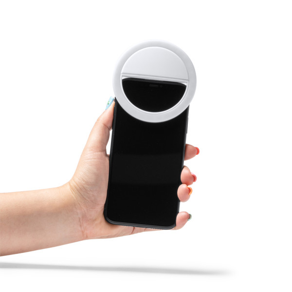 Personalised LED ring light for smartphone with adaptable clip and rechargeable battery
