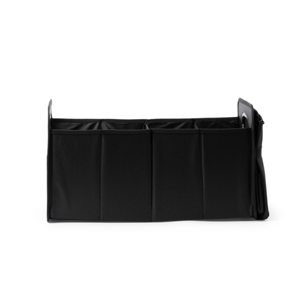 Foldable car trunk organizer with removable 12-litre isothermal cooler, custom branded in 600D polyester