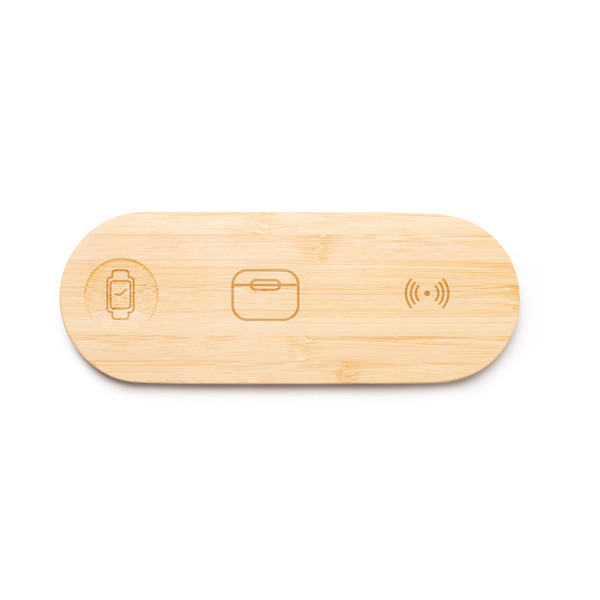 Cargador inalámbrico 3 en 1 personalizado de bambú 15W con indicadores luminosos