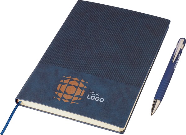 Gerecycled PU-notitieboek (A5) en balpenset Tarek - grijs